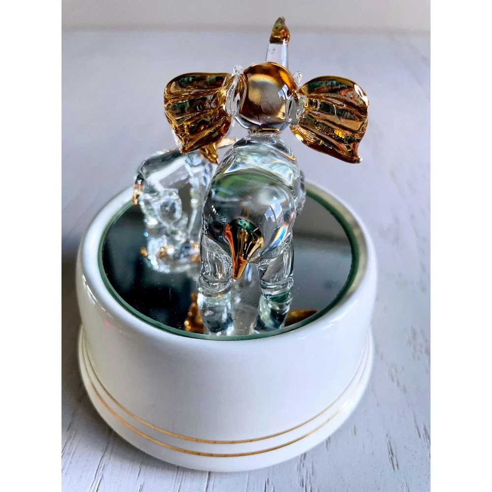 Vintage Glass Elephant Family Music Box White Gold Tone Mirror Base Plays Tune